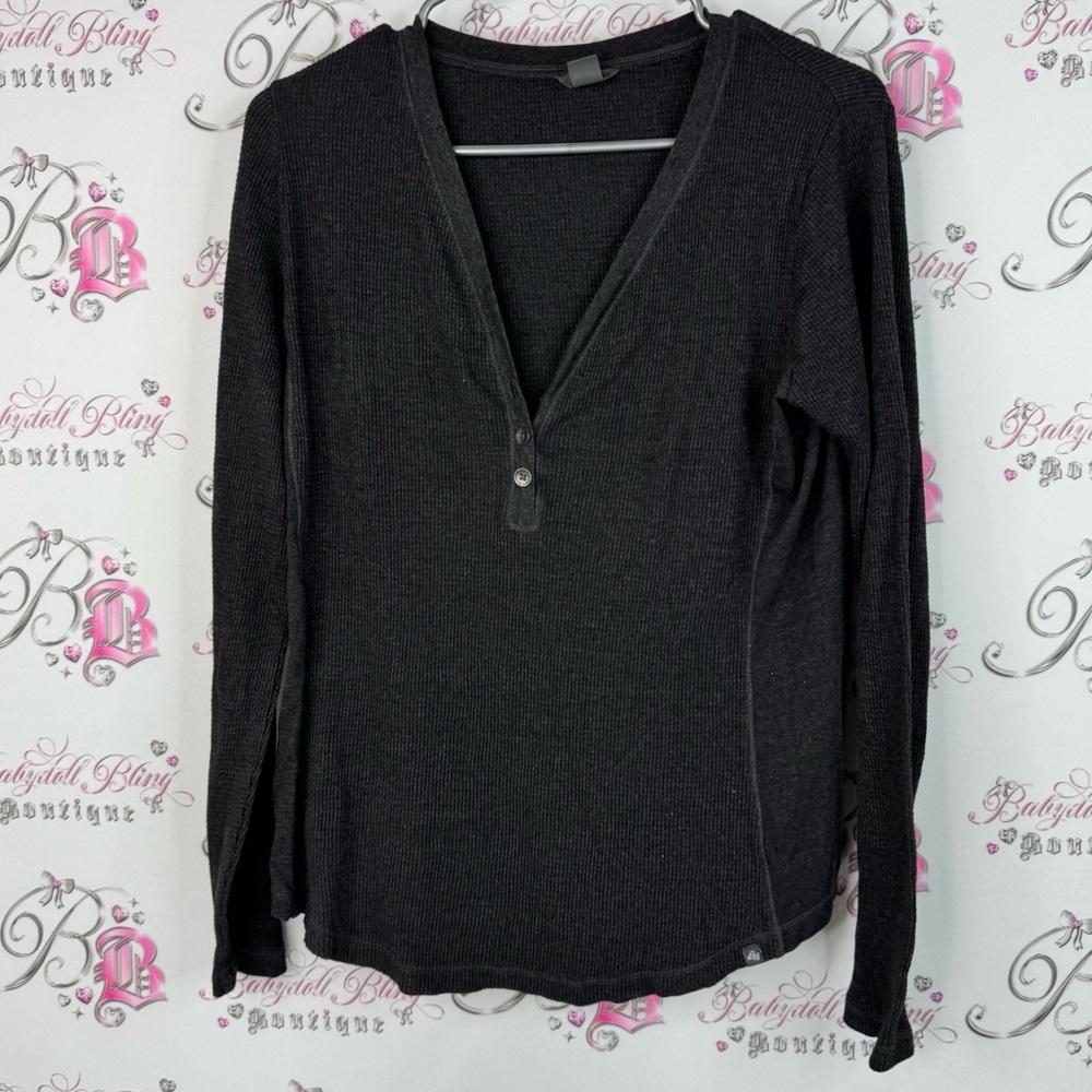 Eddie Bauer waffle knit thermal charcoal grey Black Long Sleeve Women's Top